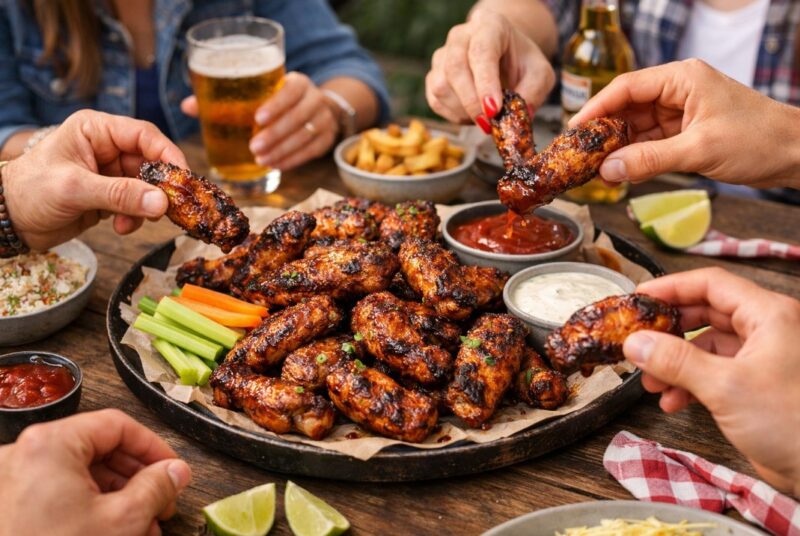 Grupa ljudi okupljena oko stola uzima pečena pileća krilca sa velikog tanjira, uz umake i povrće