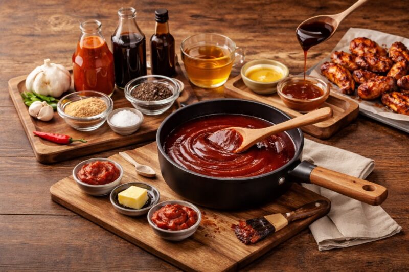 Šerpa sa BBQ sosom na drvenoj dasci, uredno raspoređeni sastojci oko nje i pečena pileća krilca sa strane