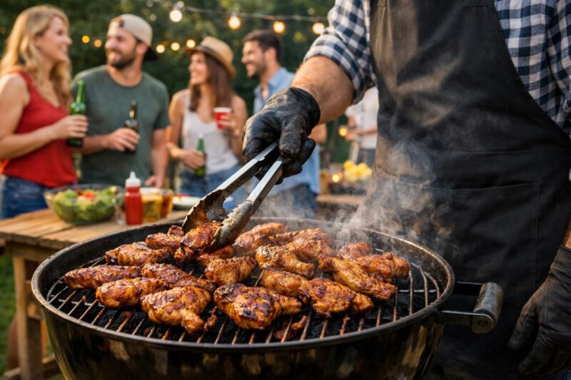 Osoba okreće pileća krilca na roštilju dok se u pozadini grupa ljudi druži i pije piće