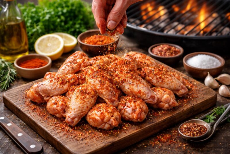 Sirova pileća krilca na drvenoj dasci posuta začinima, dok ruka dodaje mešavinu začina; u pozadini se vidi roštilj sa žarom i plamenom