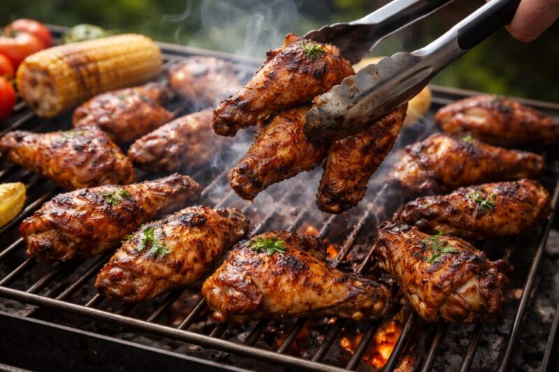 Klešta podižu zlatno-pečena pileća krilca sa roštilja iznad žara, dok se u pozadini vide kukuruz i povrće na grill rešetki